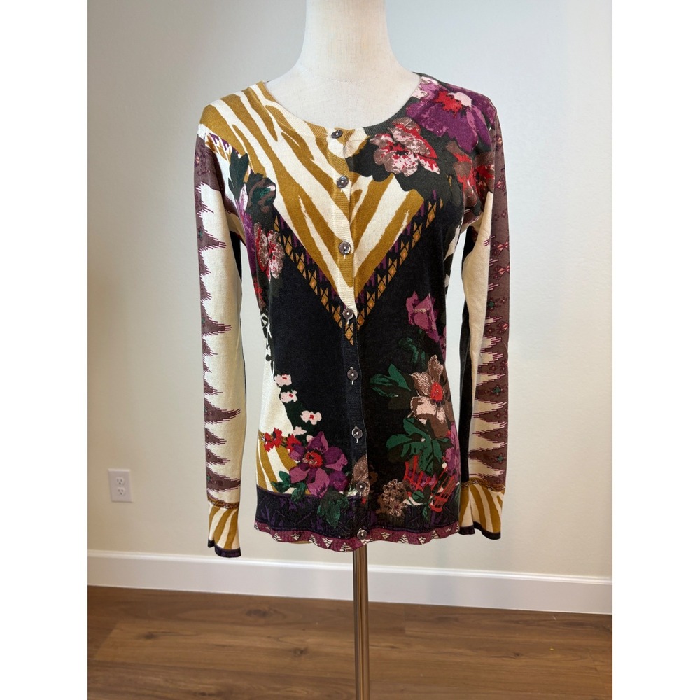 Etro Milano Cardigan 42 Multicolor Cashmere silk Blend Floral Tribal Luxury